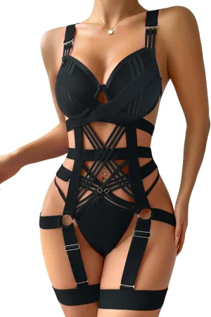 Lilosy Sexy Strappy Crisscross Cutout Underwire Garter Belt Lingerie Set Rave Outfits