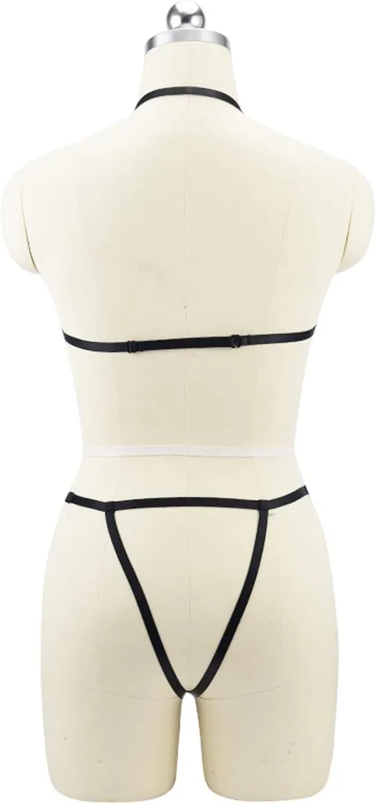 LIVE4COOL Women Harness Cupless Cage Bra Set Elastic Lingerie for Women Adjustable Hollow Out Strappy Set Sexy Strap Belt