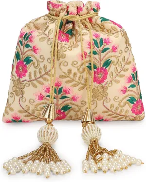 LONGING TO BUY Indian Embroidered Pearl Potli Bag For Women, Sequence Design with Tassel, Wedding Potli Bags