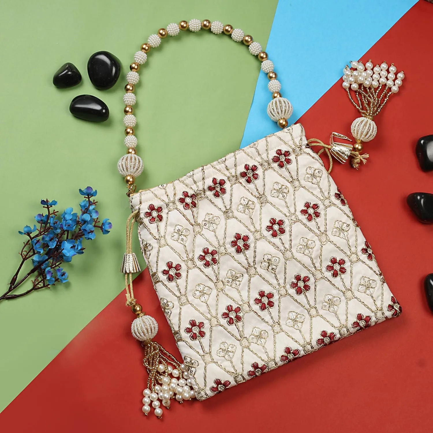 LONGING TO BUY Indian Embroidered Pearl Potli Bag For Women, Sequence Design with Tassel, Wedding Potli Bags