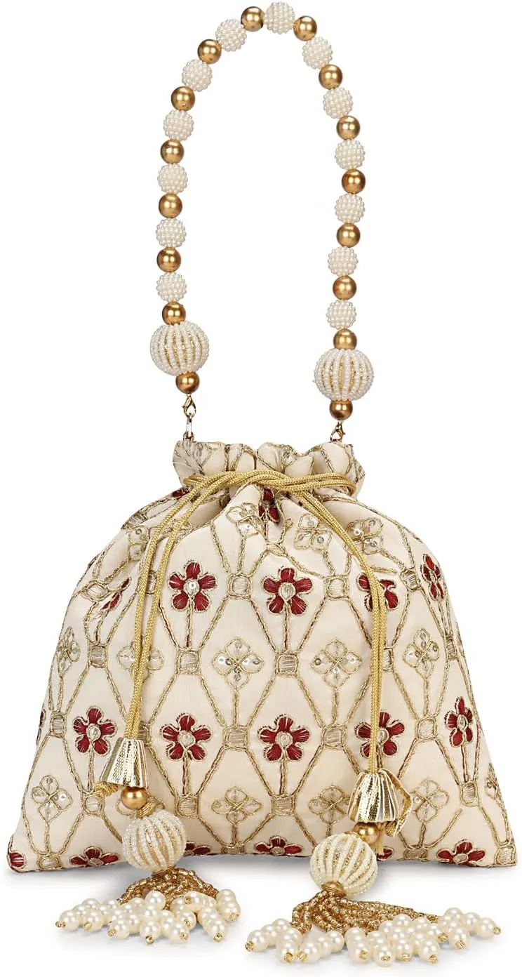 LONGING TO BUY Indian Embroidered Pearl Potli Bag For Women, Sequence Design with Tassel, Wedding Potli Bags