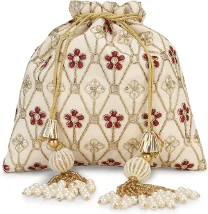 LONGING TO BUY Indian Embroidered Pearl Potli Bag For Women, Sequence Design with Tassel, Wedding Potli Bags