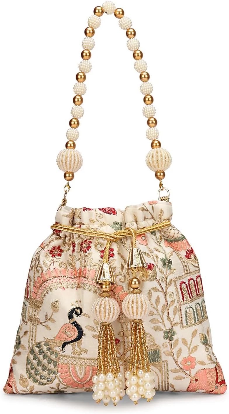 LONGING TO BUY Indian Embroidered Pearl Potli Bag For Women, Sequence Design with Tassel, Wedding Potli Bags