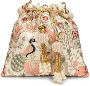 LONGING TO BUY Indian Embroidered Pearl Potli Bag For Women, Sequence Design with Tassel, Wedding Potli Bags