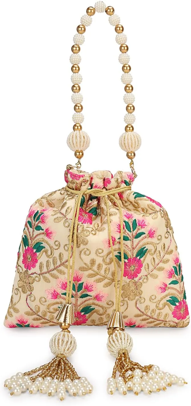 LONGING TO BUY Indian Embroidered Pearl Potli Bag For Women, Sequence Design with Tassel, Wedding Potli Bags