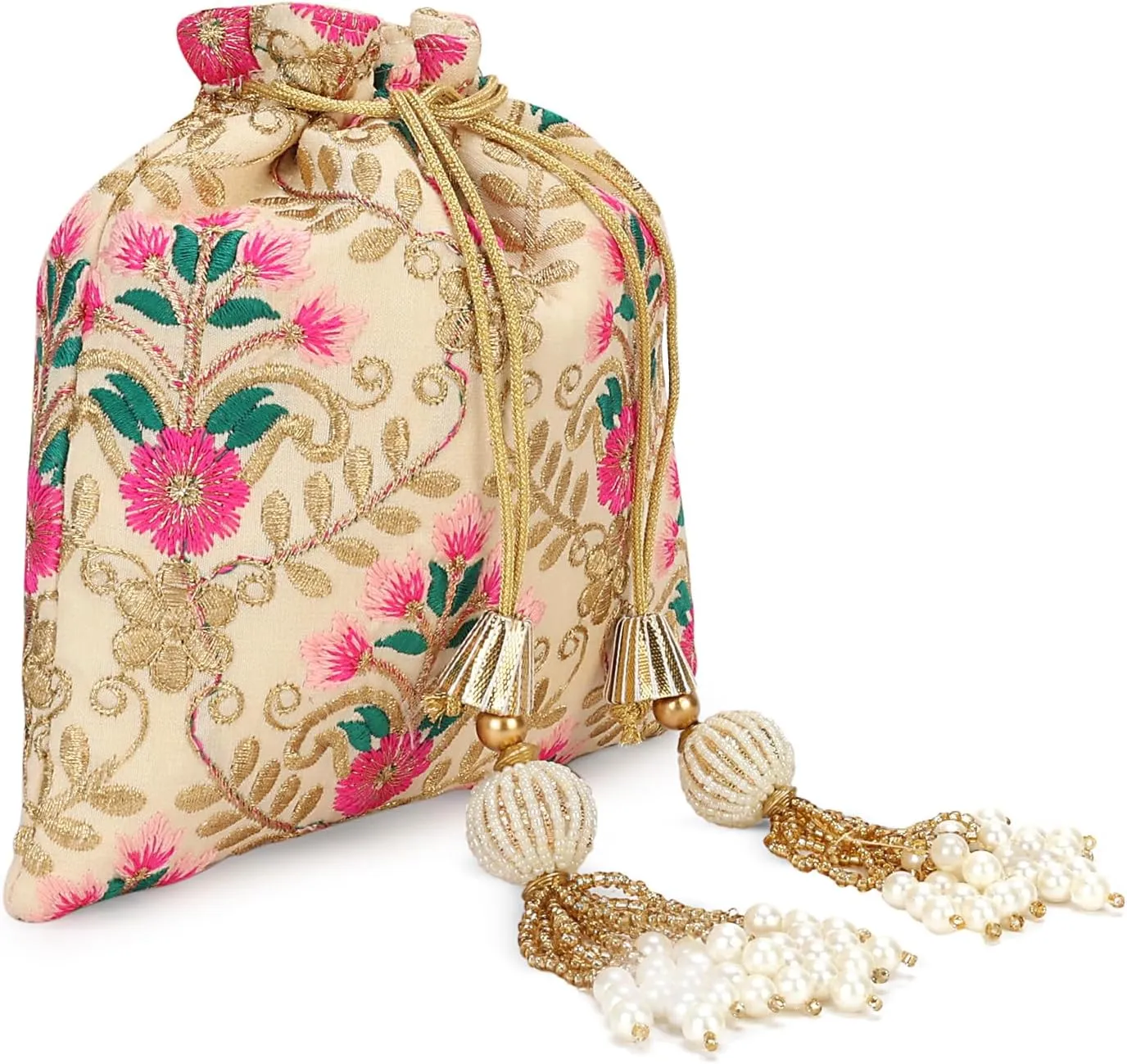 LONGING TO BUY Indian Embroidered Pearl Potli Bag For Women, Sequence Design with Tassel, Wedding Potli Bags