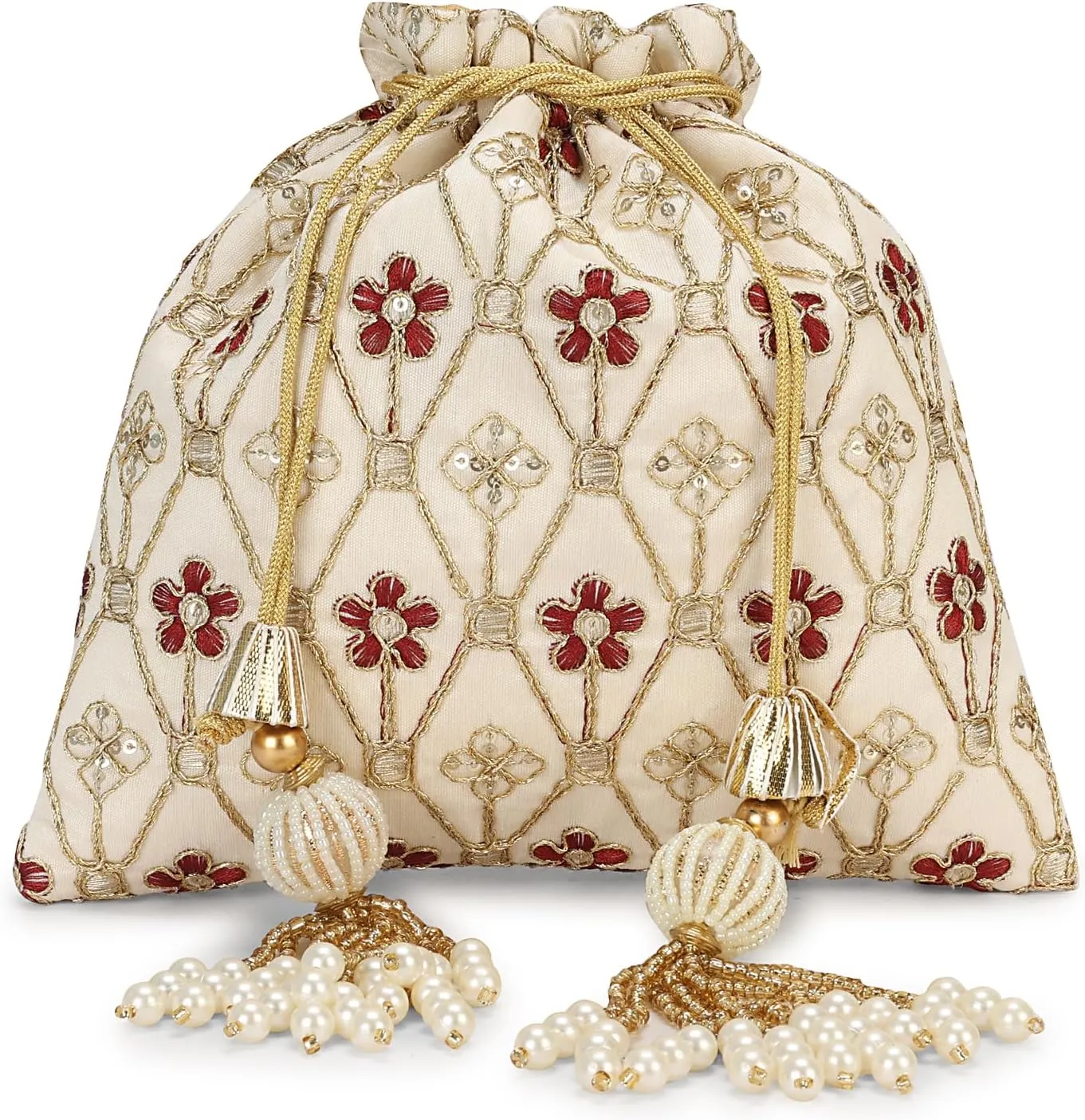 LONGING TO BUY Indian Embroidered Pearl Potli Bag For Women, Sequence Design with Tassel, Wedding Potli Bags