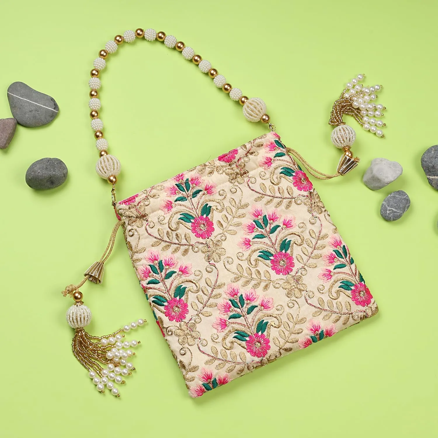 LONGING TO BUY Indian Embroidered Pearl Potli Bag For Women, Sequence Design with Tassel, Wedding Potli Bags