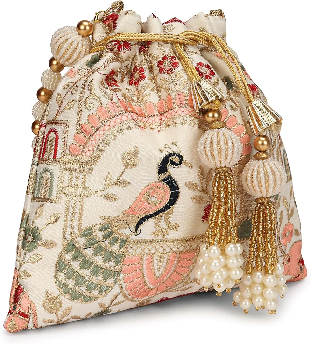 LONGING TO BUY Indian Embroidered Pearl Potli Bag For Women, Sequence Design with Tassel, Wedding Potli Bags
