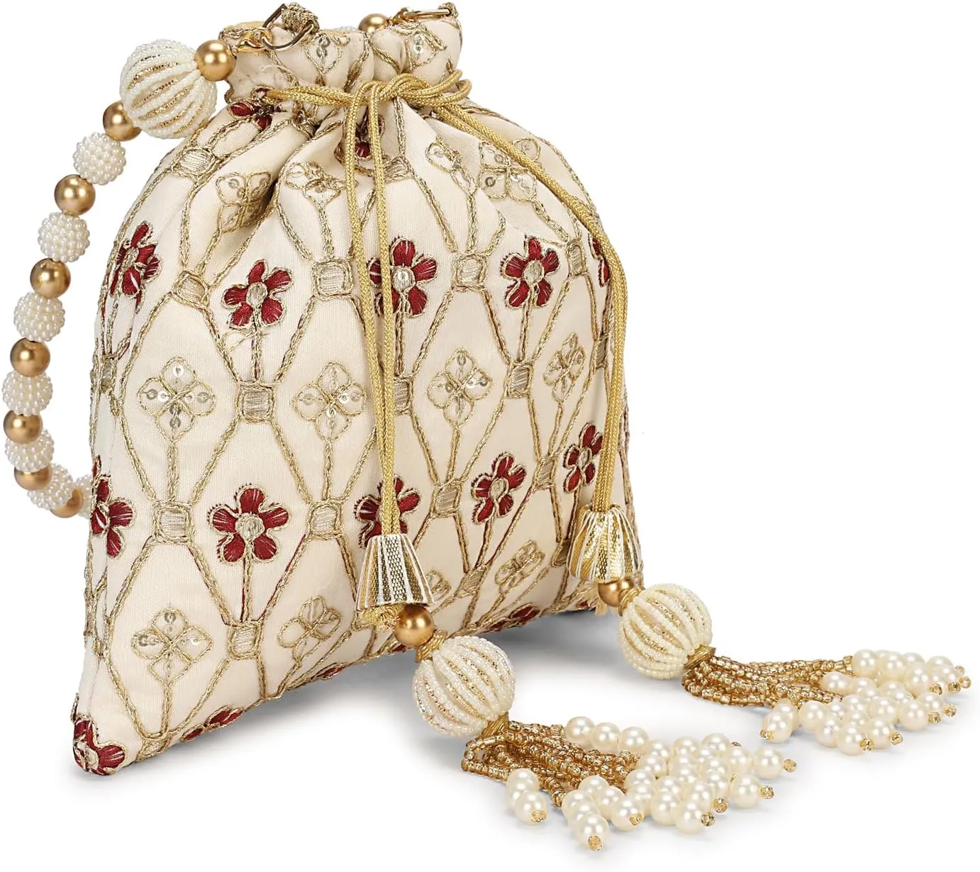LONGING TO BUY Indian Embroidered Pearl Potli Bag For Women, Sequence Design with Tassel, Wedding Potli Bags