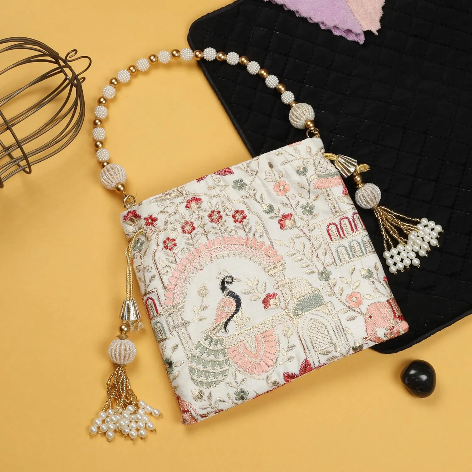 LONGING TO BUY Indian Embroidered Pearl Potli Bag For Women, Sequence Design with Tassel, Wedding Potli Bags