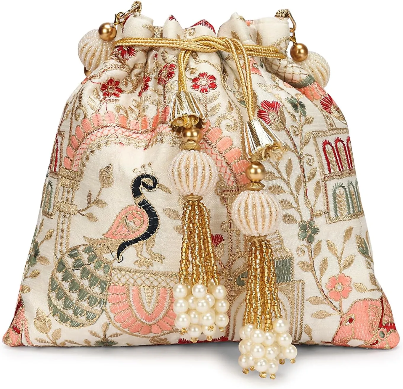 LONGING TO BUY Indian Embroidered Pearl Potli Bag For Women, Sequence Design with Tassel, Wedding Potli Bags