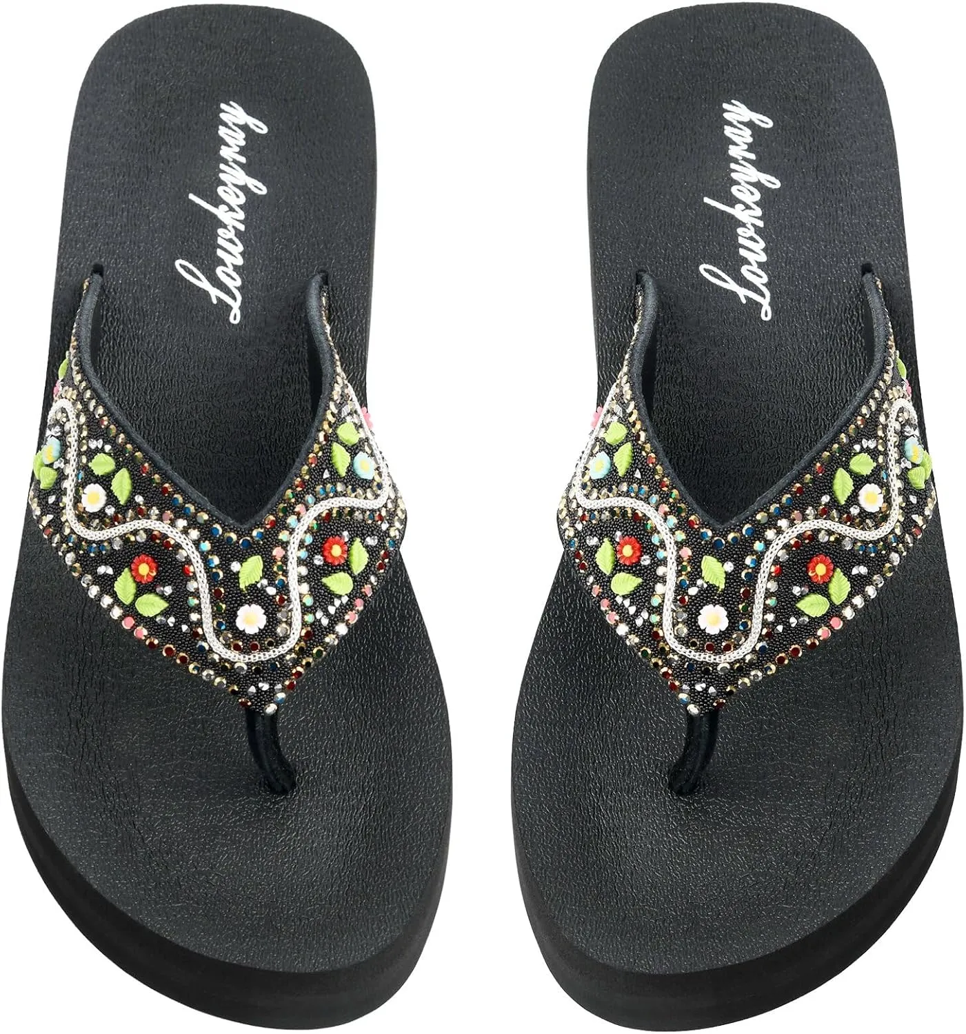 Lowkeyray Women's Glittering Rhinestone Embellished Wedge Platform Fancy Flip-Flop Sandals for Ultimate Comfort and Glamou,Sparkle & Style.