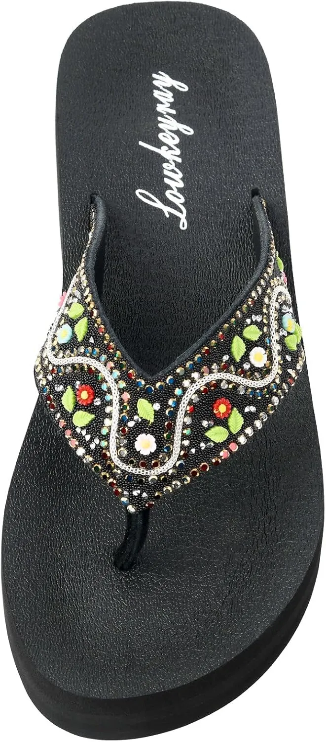 Lowkeyray Women's Glittering Rhinestone Embellished Wedge Platform Fancy Flip-Flop Sandals for Ultimate Comfort and Glamou,Sparkle & Style.