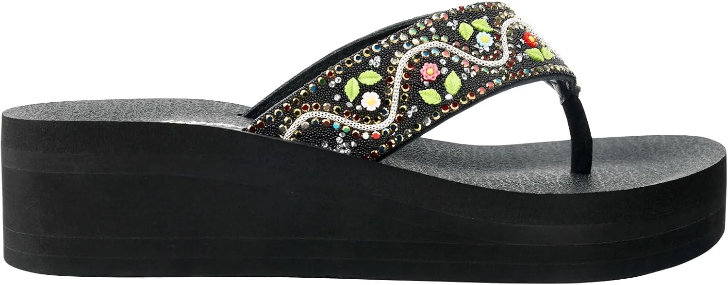 Lowkeyray Women's Glittering Rhinestone Embellished Wedge Platform Fancy Flip-Flop Sandals for Ultimate Comfort and Glamou,Sparkle & Style.