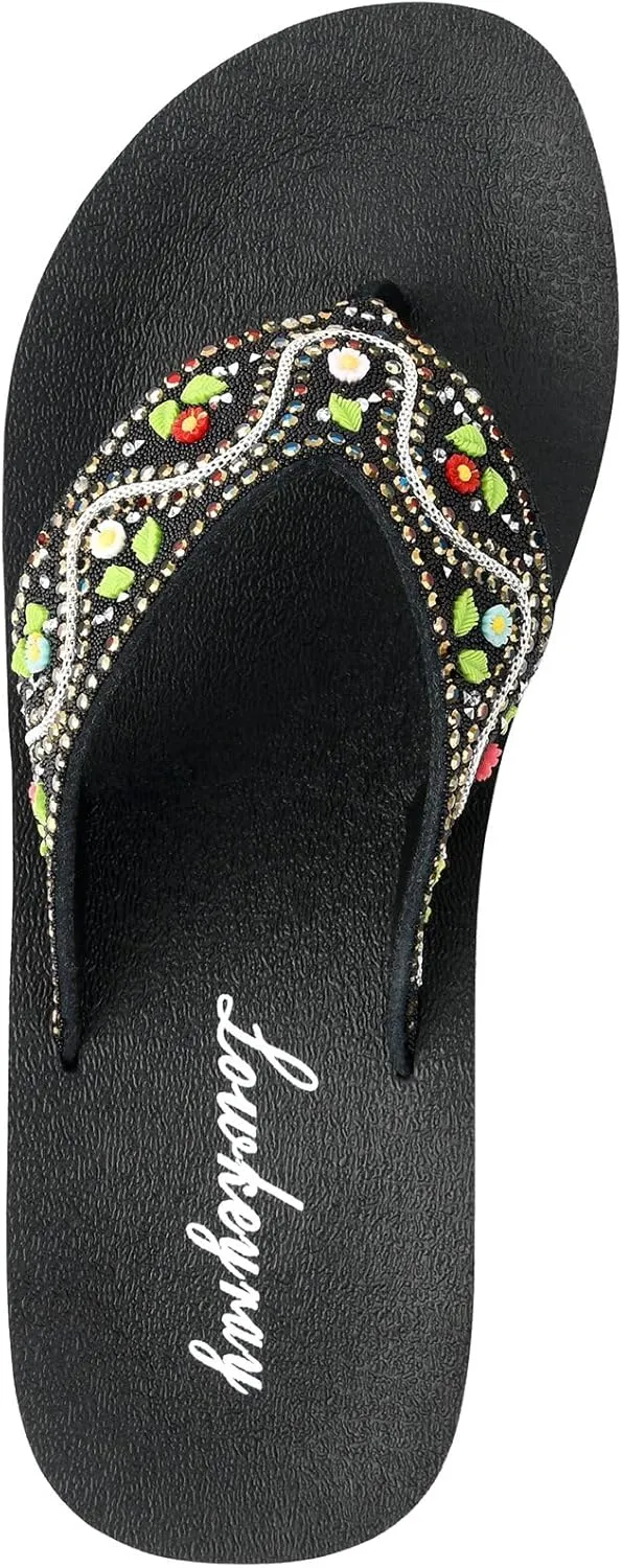 Lowkeyray Women's Glittering Rhinestone Embellished Wedge Platform Fancy Flip-Flop Sandals for Ultimate Comfort and Glamou,Sparkle & Style.
