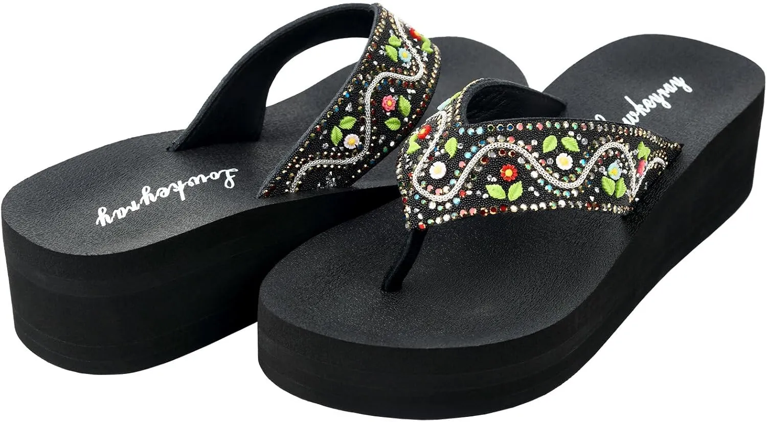 Lowkeyray Women's Glittering Rhinestone Embellished Wedge Platform Fancy Flip-Flop Sandals for Ultimate Comfort and Glamou,Sparkle & Style.