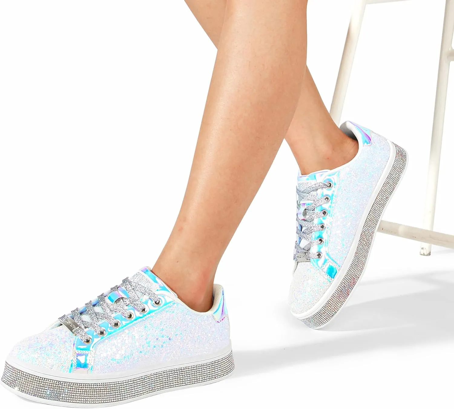LUCKY STEP Women's Platform Glitter Sneakers | Sparkly Bling Shiny Dressy Bedazzled Wedding Bridal Fashion Walking Shoes