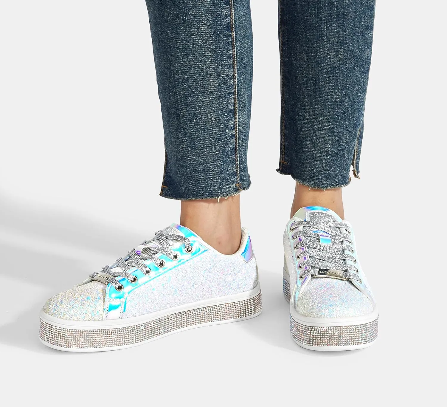 LUCKY STEP Women's Platform Glitter Sneakers | Sparkly Bling Shiny Dressy Bedazzled Wedding Bridal Fashion Walking Shoes