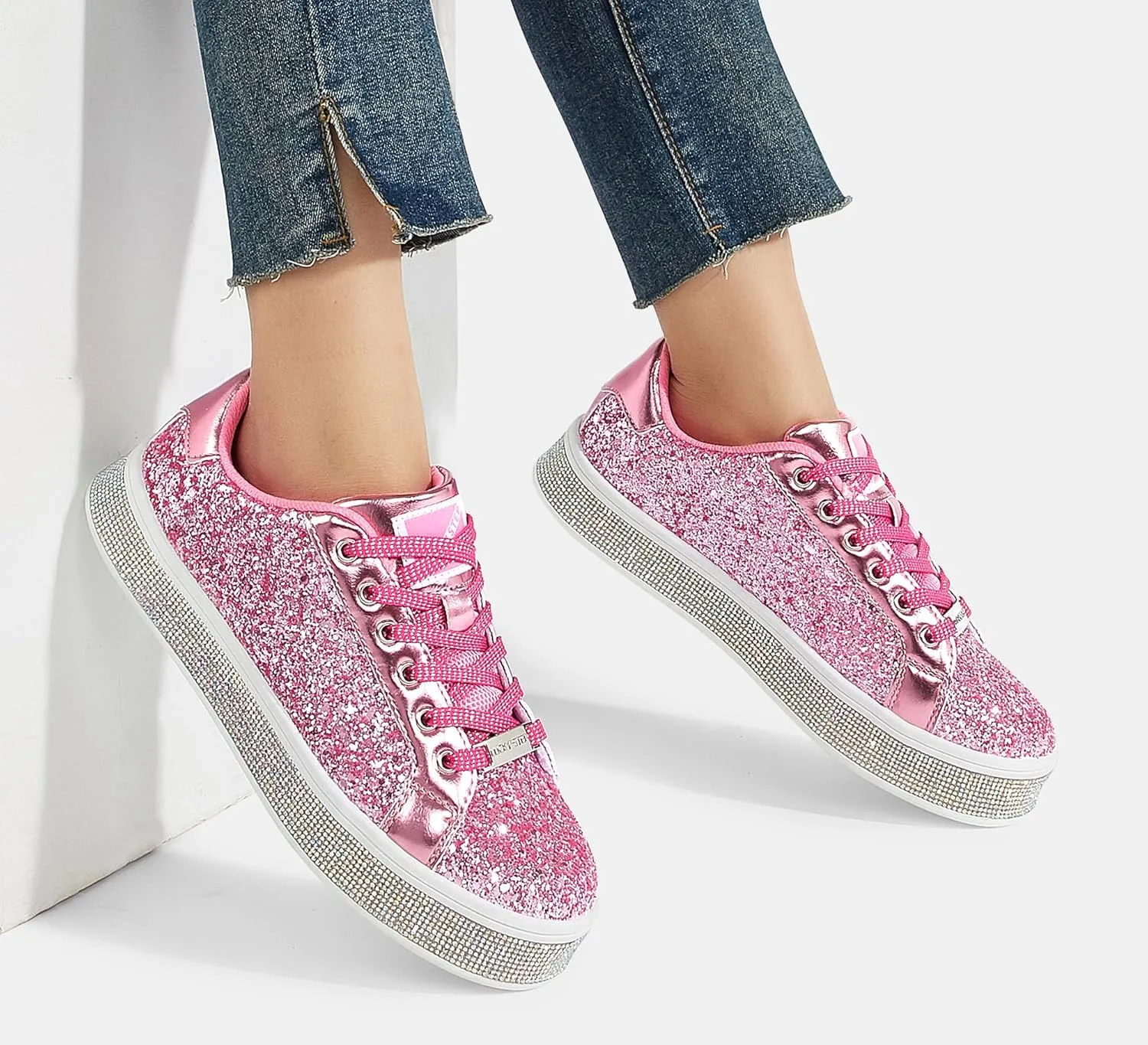 LUCKY STEP Women's Platform Glitter Sneakers | Sparkly Bling Shiny Dressy Bedazzled Wedding Bridal Fashion Walking Shoes