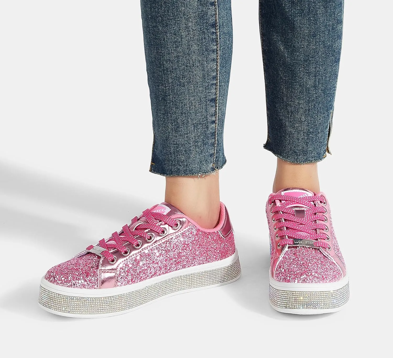 LUCKY STEP Women's Platform Glitter Sneakers | Sparkly Bling Shiny Dressy Bedazzled Wedding Bridal Fashion Walking Shoes
