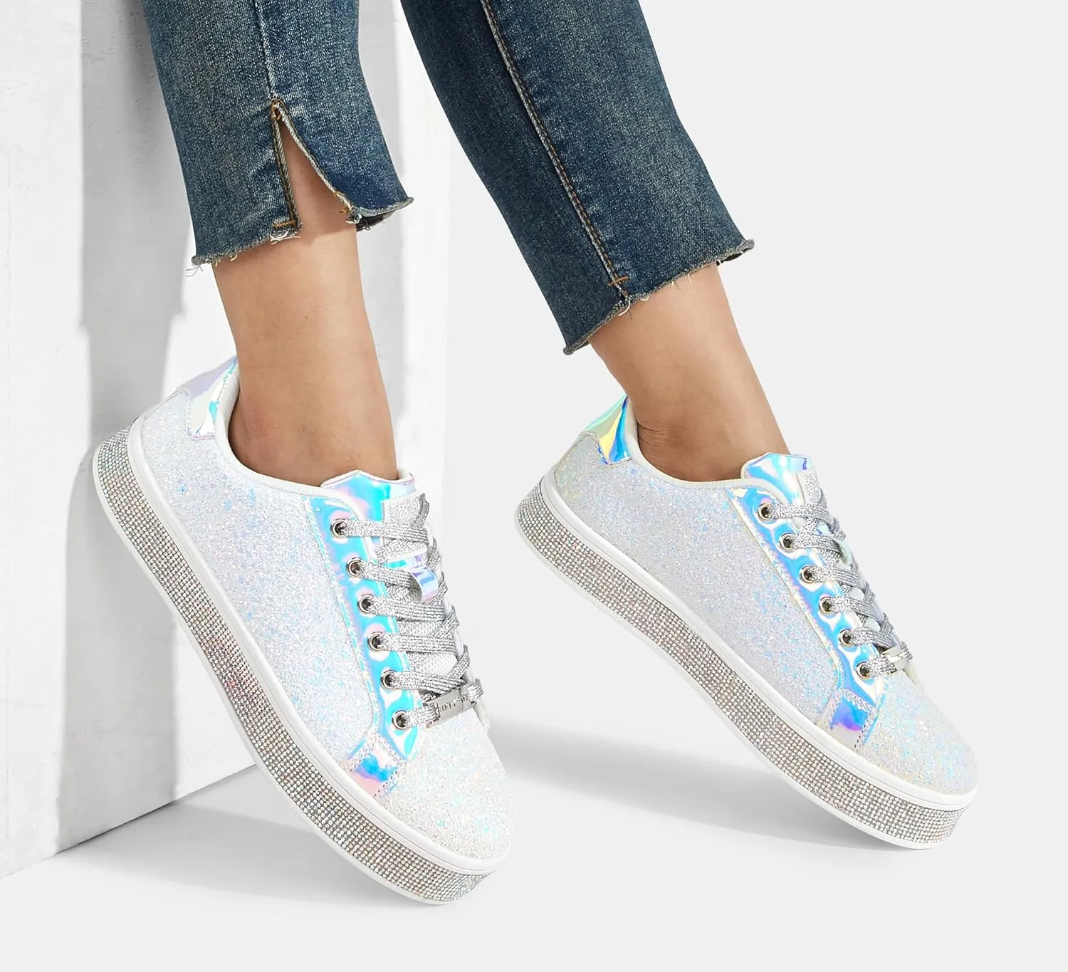 LUCKY STEP Women's Platform Glitter Sneakers | Sparkly Bling Shiny Dressy Bedazzled Wedding Bridal Fashion Walking Shoes
