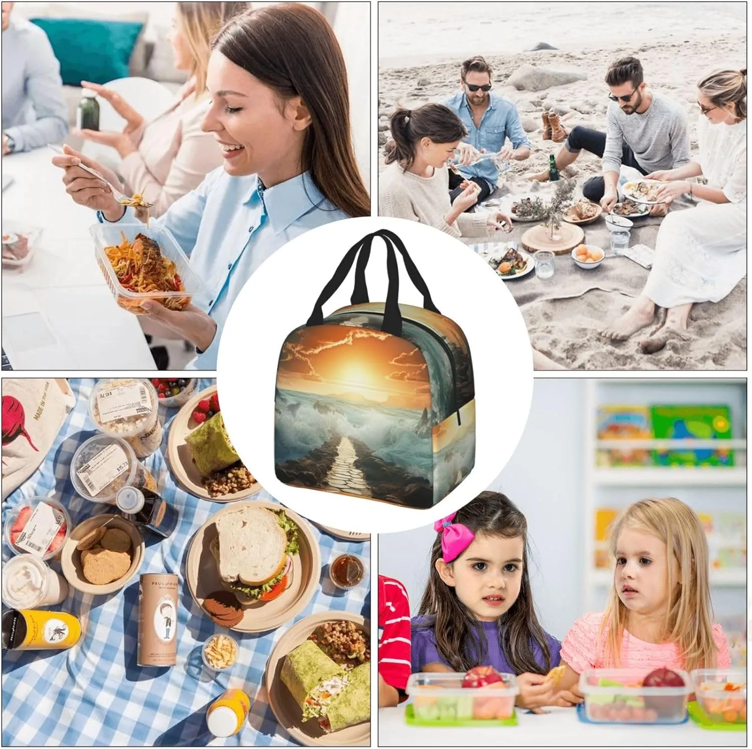 Lunch Bag for Women Men Divided Sea Pathway LunchBox Portable Insulated Lunch Box Reusable Tote Bags for Work
