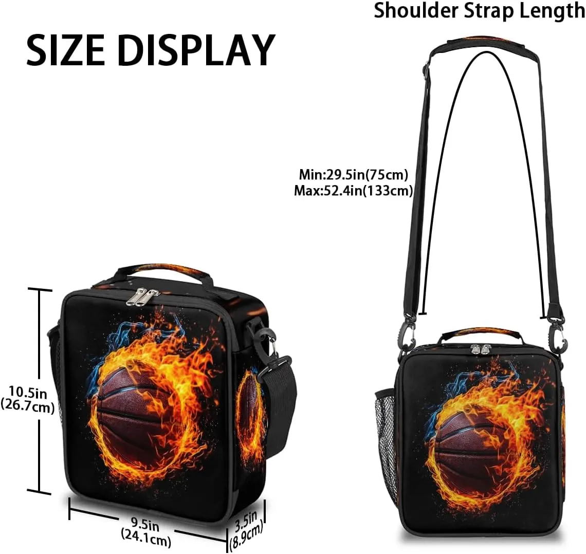 Lunch Box for Kids Boys Girls Sports Basketball Fire Kids Lunch Bag Insulated Lunch Bag Tote with Adjustable Shoulder Strap Teens Lunchbox Cooler School Picnic