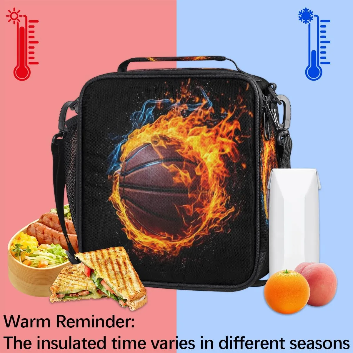 Lunch Box for Kids Boys Girls Sports Basketball Fire Kids Lunch Bag Insulated Lunch Bag Tote with Adjustable Shoulder Strap Teens Lunchbox Cooler School Picnic