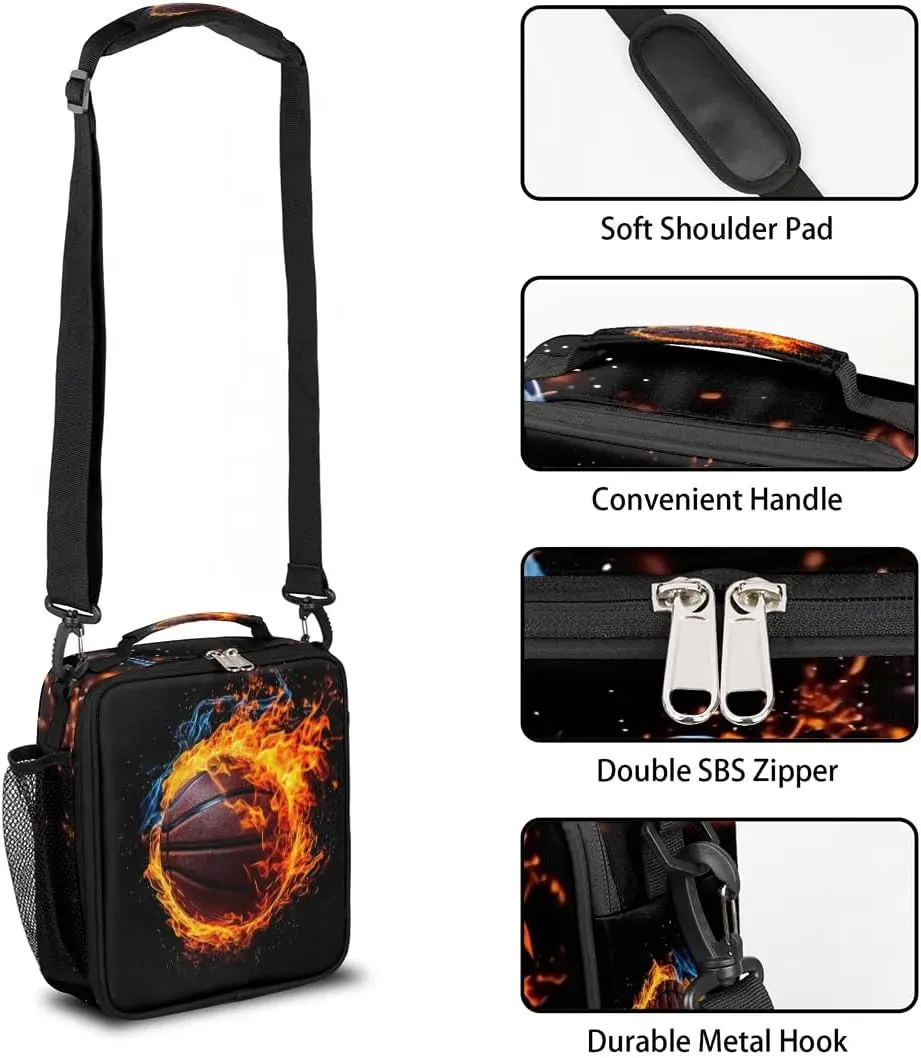 Lunch Box for Kids Boys Girls Sports Basketball Fire Kids Lunch Bag Insulated Lunch Bag Tote with Adjustable Shoulder Strap Teens Lunchbox Cooler School Picnic