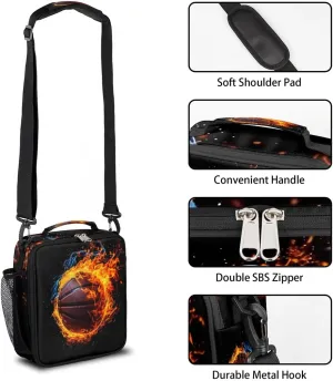 Lunch Box for Kids Boys Girls Sports Basketball Fire Kids Lunch Bag Insulated Lunch Bag Tote with Adjustable Shoulder Strap Teens Lunchbox Cooler School Picnic