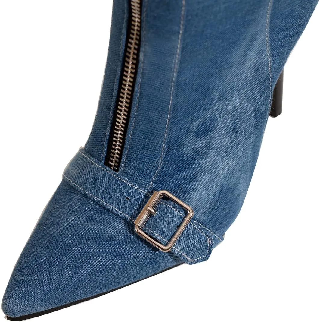 Lutalica W Women's Trendy Pointed Toe Matte Leather Toe Buckle Front Zipper Autumn Winter Stiletto High Heel Dress Ankle Boots
