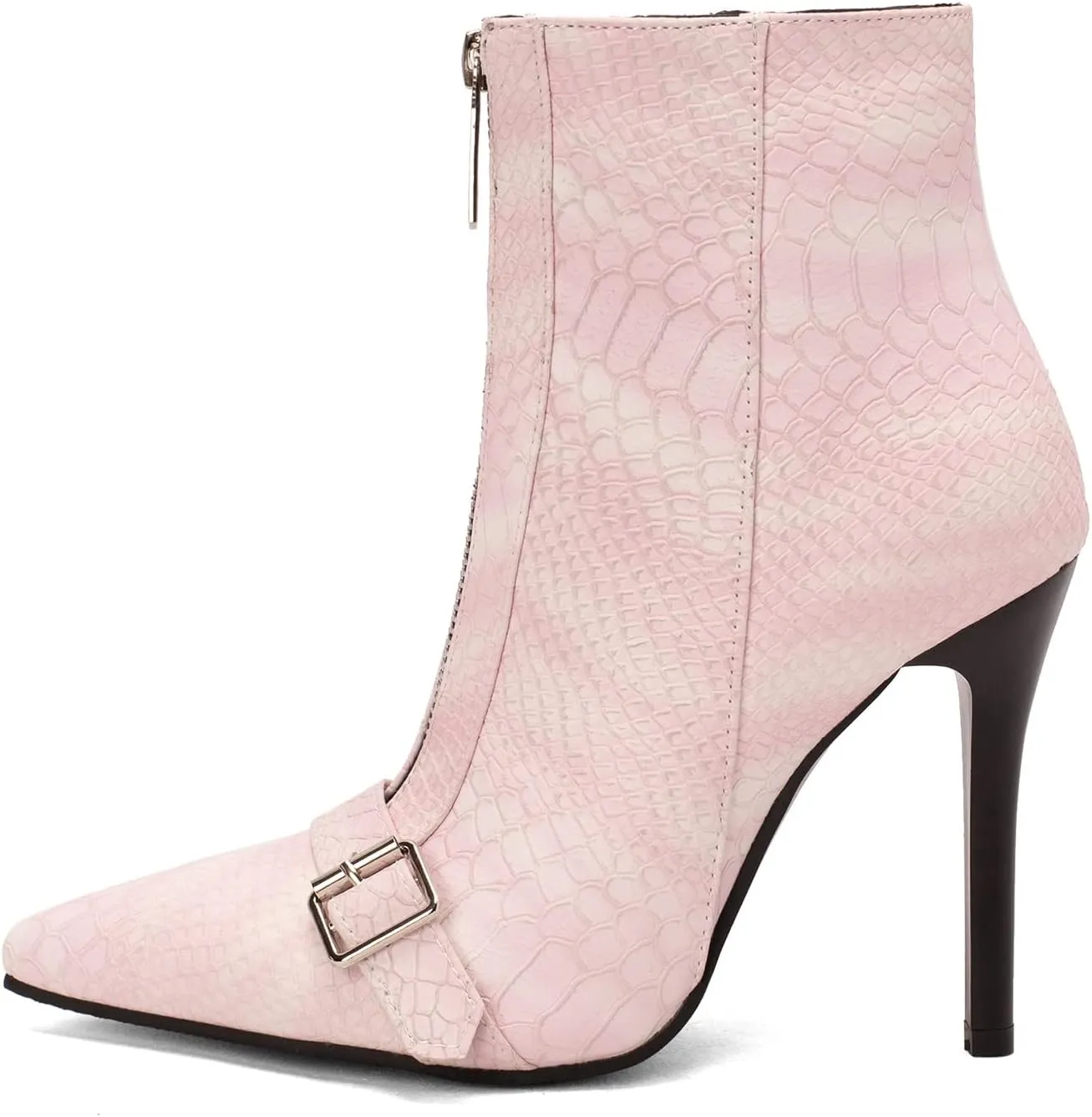 Lutalica W Women's Trendy Pointed Toe Matte Leather Toe Buckle Front Zipper Autumn Winter Stiletto High Heel Dress Ankle Boots