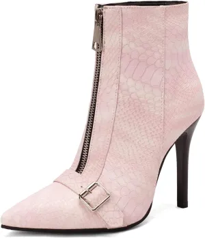 Lutalica W Women's Trendy Pointed Toe Matte Leather Toe Buckle Front Zipper Autumn Winter Stiletto High Heel Dress Ankle Boots