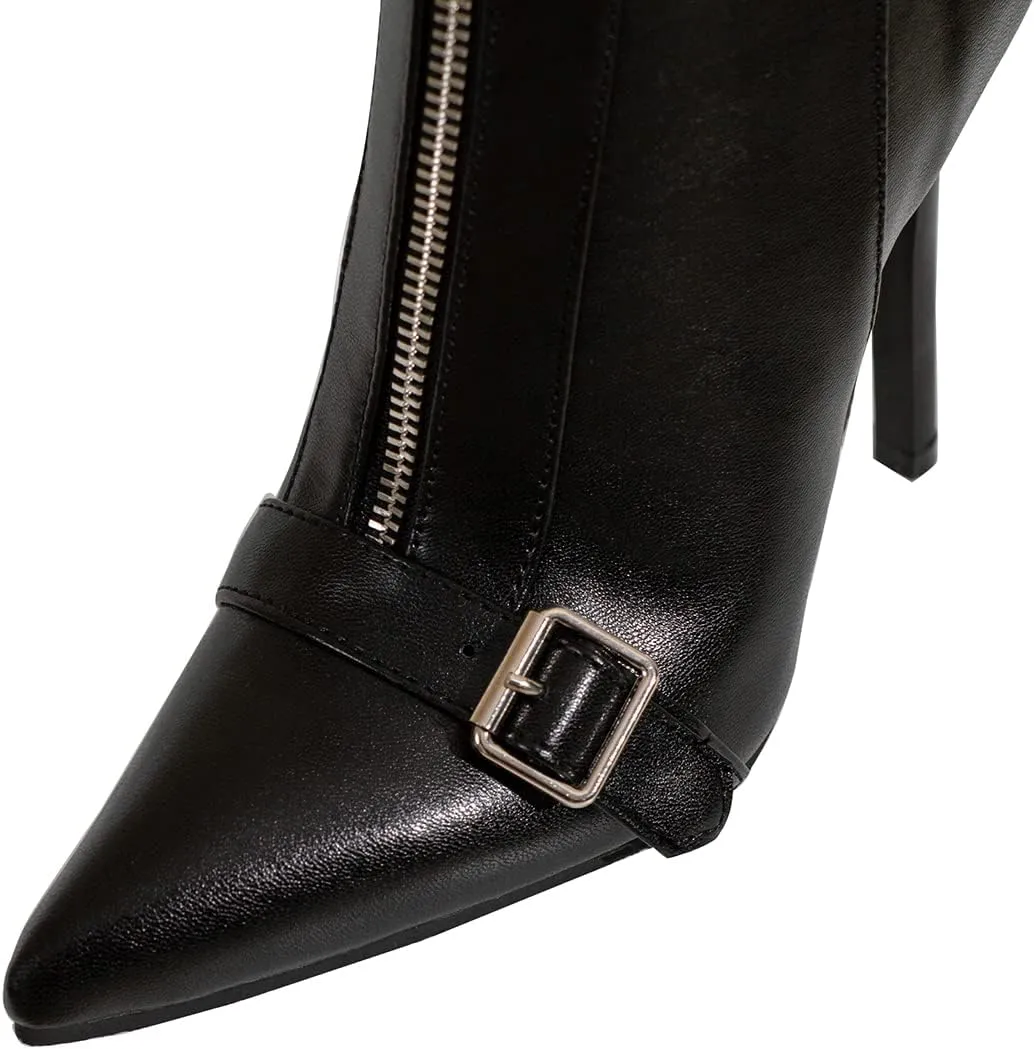 Lutalica W Women's Trendy Pointed Toe Matte Leather Toe Buckle Front Zipper Autumn Winter Stiletto High Heel Dress Ankle Boots