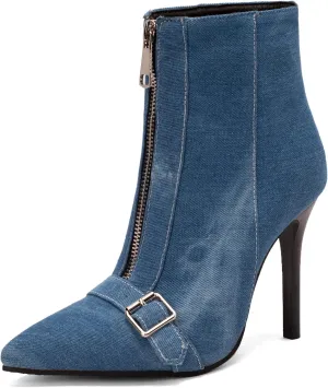 Lutalica W Women's Trendy Pointed Toe Matte Leather Toe Buckle Front Zipper Autumn Winter Stiletto High Heel Dress Ankle Boots