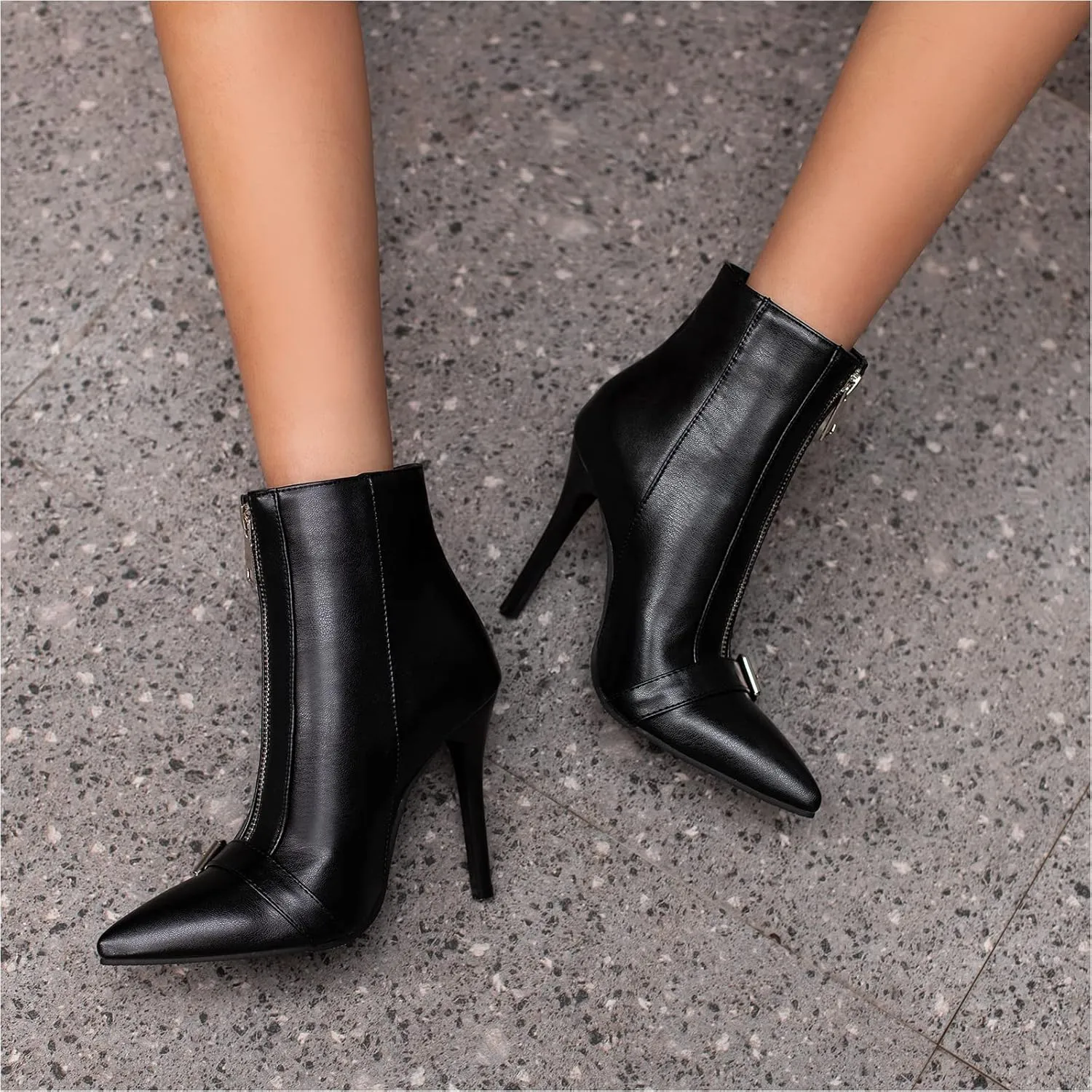 Lutalica W Women's Trendy Pointed Toe Matte Leather Toe Buckle Front Zipper Autumn Winter Stiletto High Heel Dress Ankle Boots