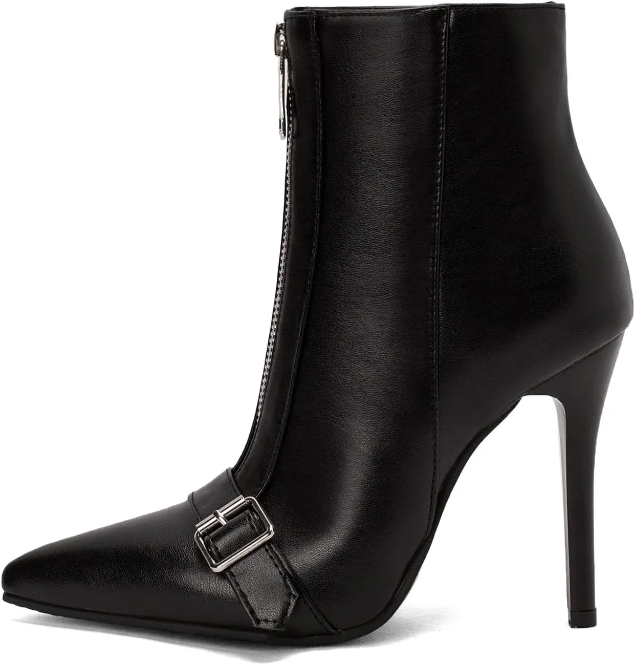 Lutalica W Women's Trendy Pointed Toe Matte Leather Toe Buckle Front Zipper Autumn Winter Stiletto High Heel Dress Ankle Boots