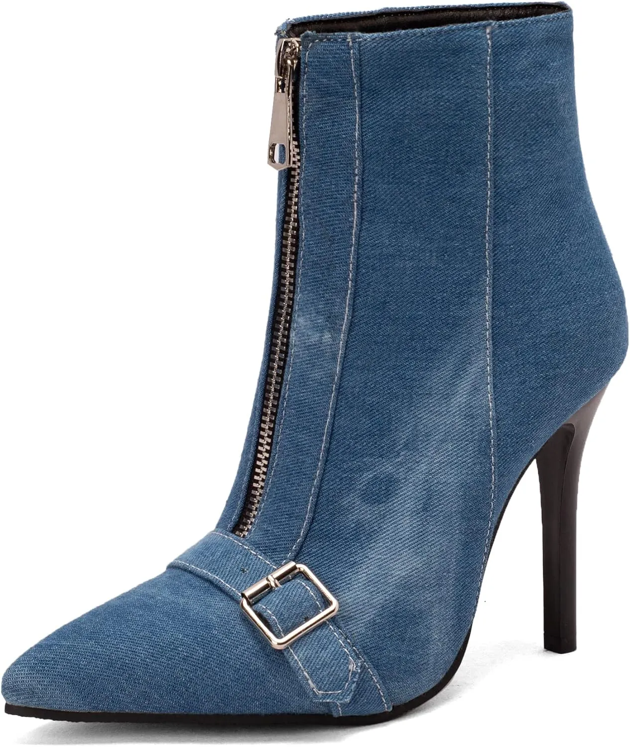 Lutalica W Women's Trendy Pointed Toe Matte Leather Toe Buckle Front Zipper Autumn Winter Stiletto High Heel Dress Ankle Boots