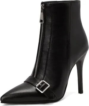 Lutalica W Women's Trendy Pointed Toe Matte Leather Toe Buckle Front Zipper Autumn Winter Stiletto High Heel Dress Ankle Boots