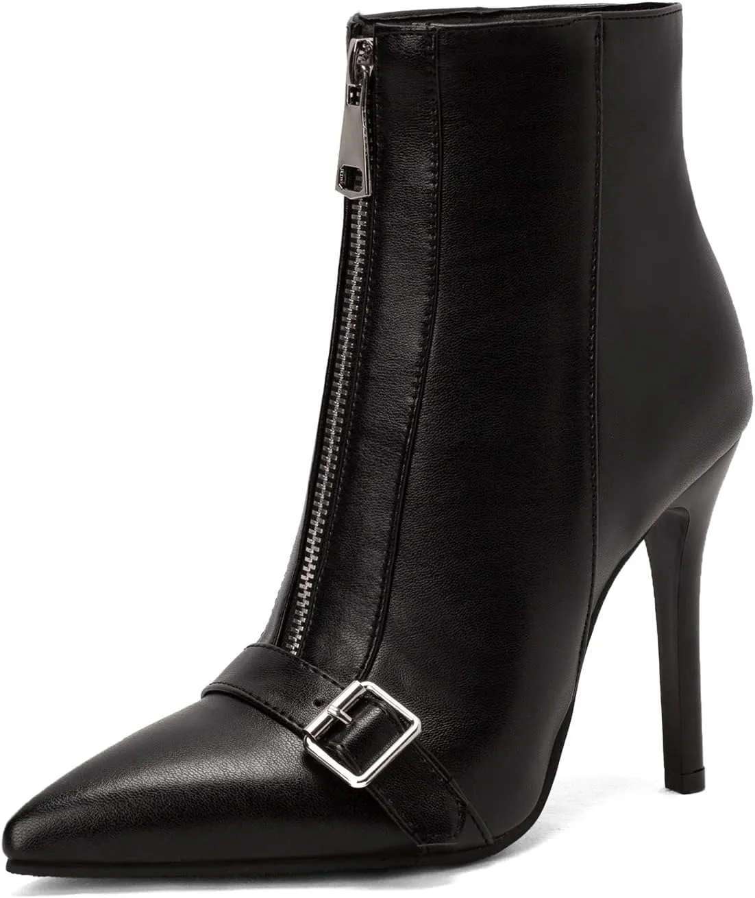 Lutalica W Women's Trendy Pointed Toe Matte Leather Toe Buckle Front Zipper Autumn Winter Stiletto High Heel Dress Ankle Boots