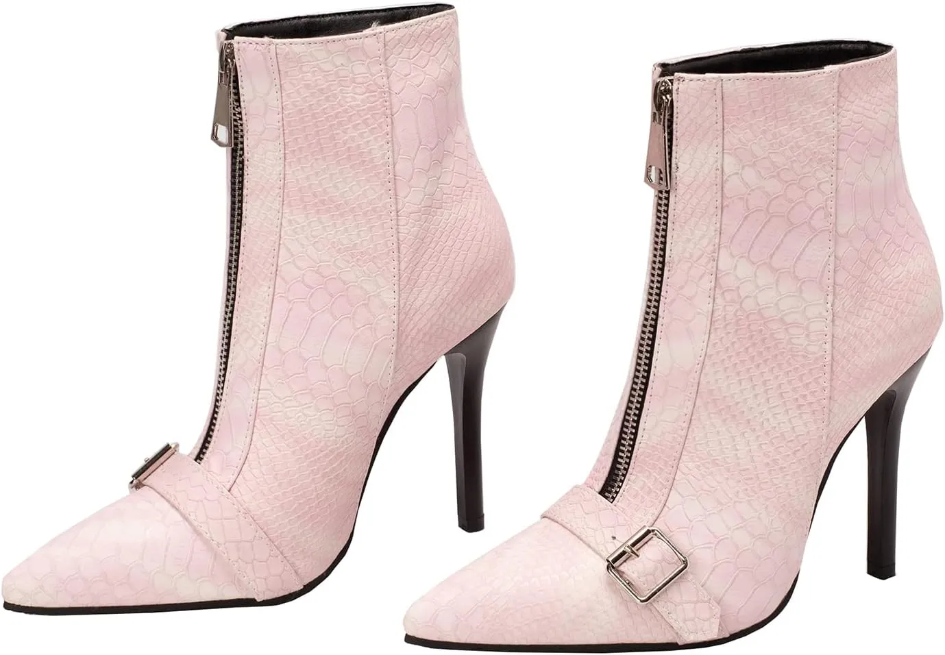 Lutalica W Women's Trendy Pointed Toe Matte Leather Toe Buckle Front Zipper Autumn Winter Stiletto High Heel Dress Ankle Boots
