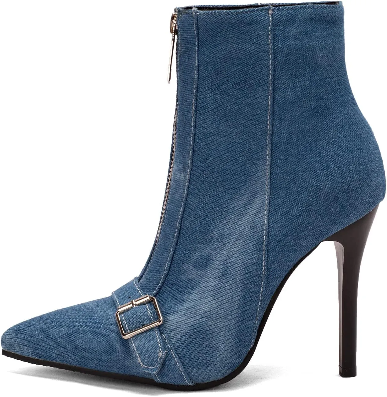Lutalica W Women's Trendy Pointed Toe Matte Leather Toe Buckle Front Zipper Autumn Winter Stiletto High Heel Dress Ankle Boots