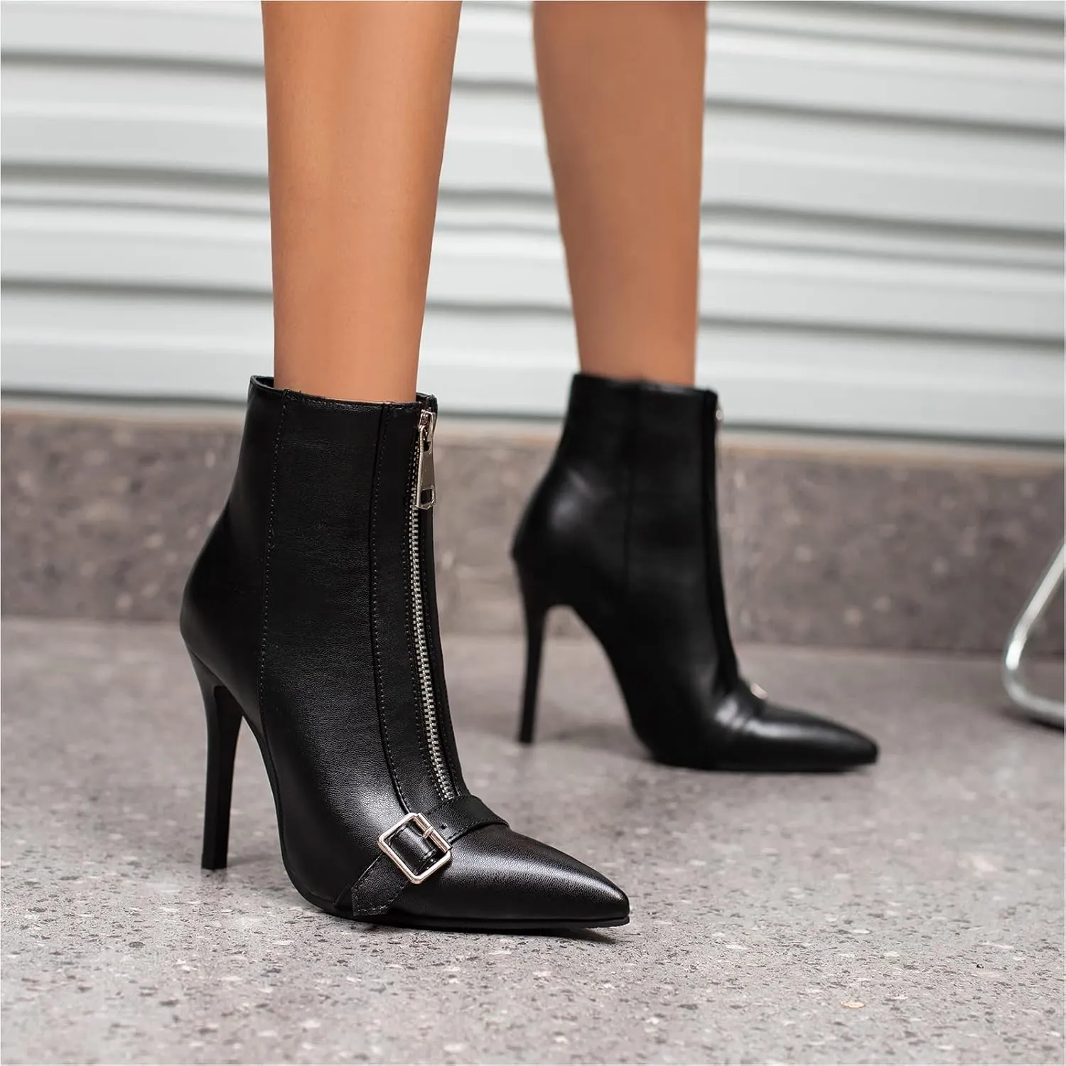 Lutalica W Women's Trendy Pointed Toe Matte Leather Toe Buckle Front Zipper Autumn Winter Stiletto High Heel Dress Ankle Boots