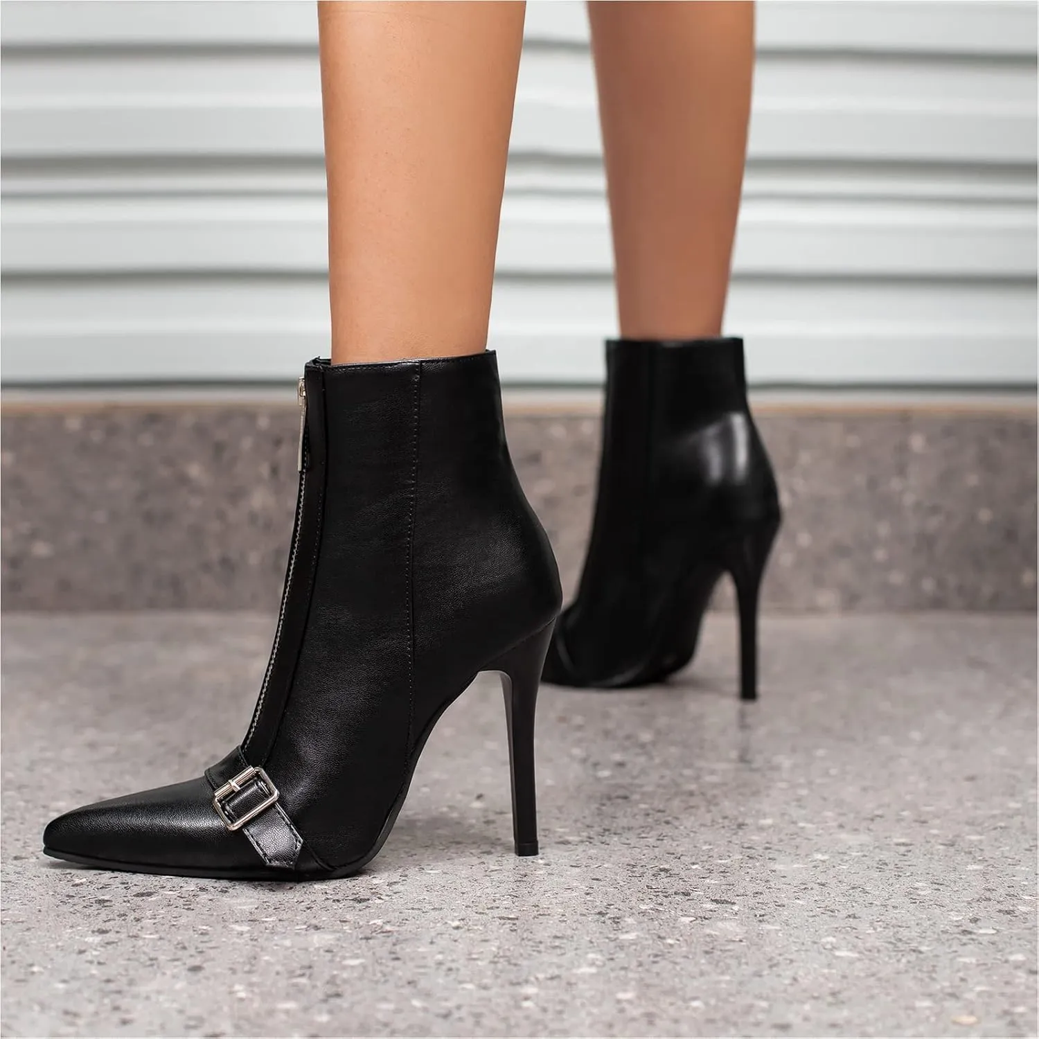 Lutalica W Women's Trendy Pointed Toe Matte Leather Toe Buckle Front Zipper Autumn Winter Stiletto High Heel Dress Ankle Boots