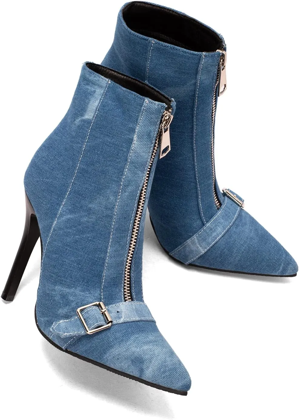 Lutalica W Women's Trendy Pointed Toe Matte Leather Toe Buckle Front Zipper Autumn Winter Stiletto High Heel Dress Ankle Boots