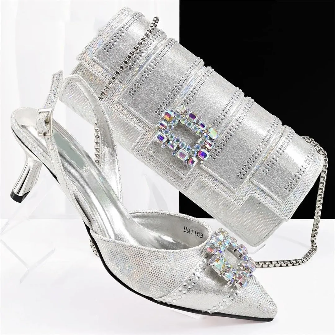 Luxury Dew Design Italian Leather Sandals Diamond Handbag Women Shoes Set