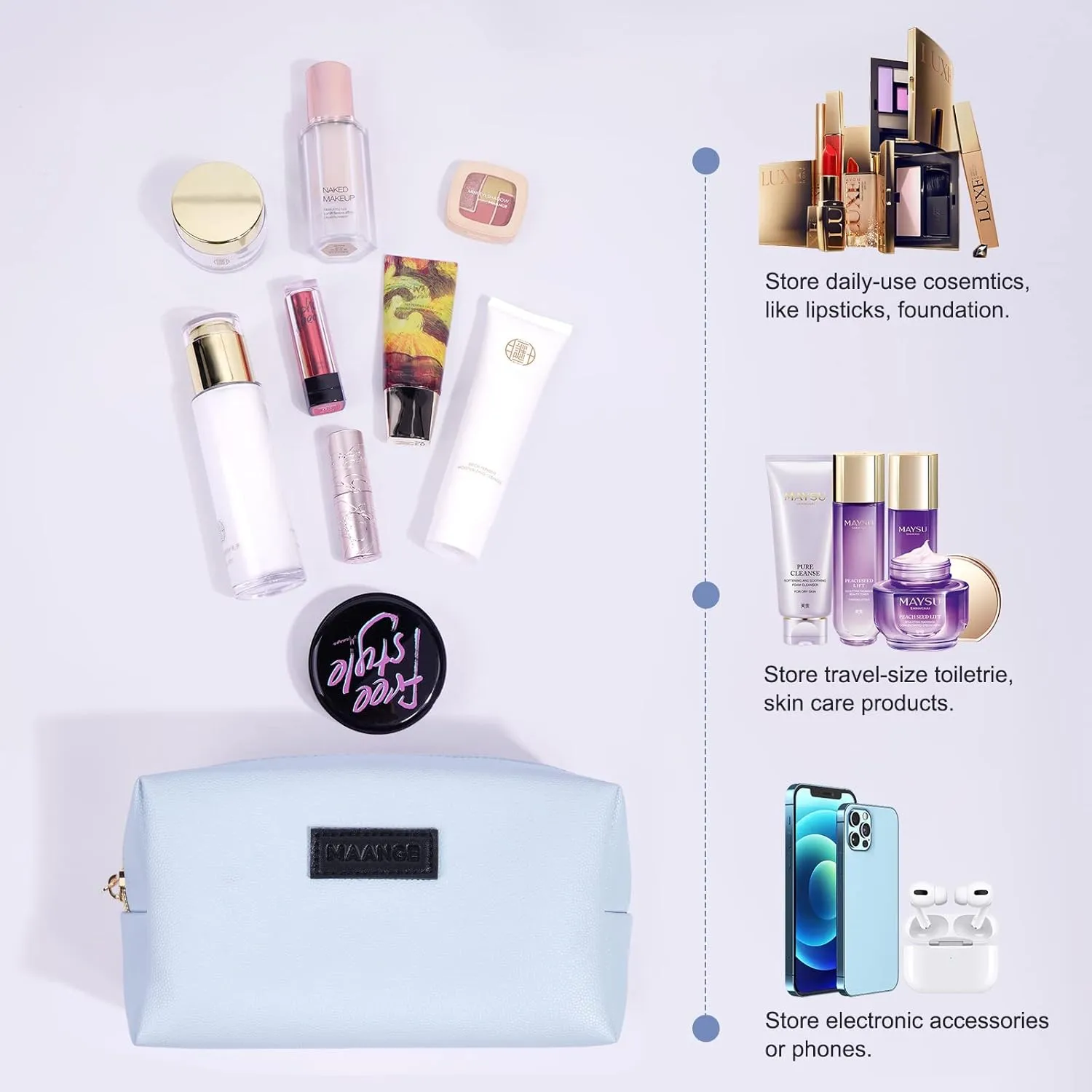 MAANGE Small Makeup Bag 2 PCS Cosmetic Bags for Women Travel Makeup Pouch Leather Make up Bag for Purse Portable Zipper Pouch Cute Aesthetic Preppy Stuff- Blue