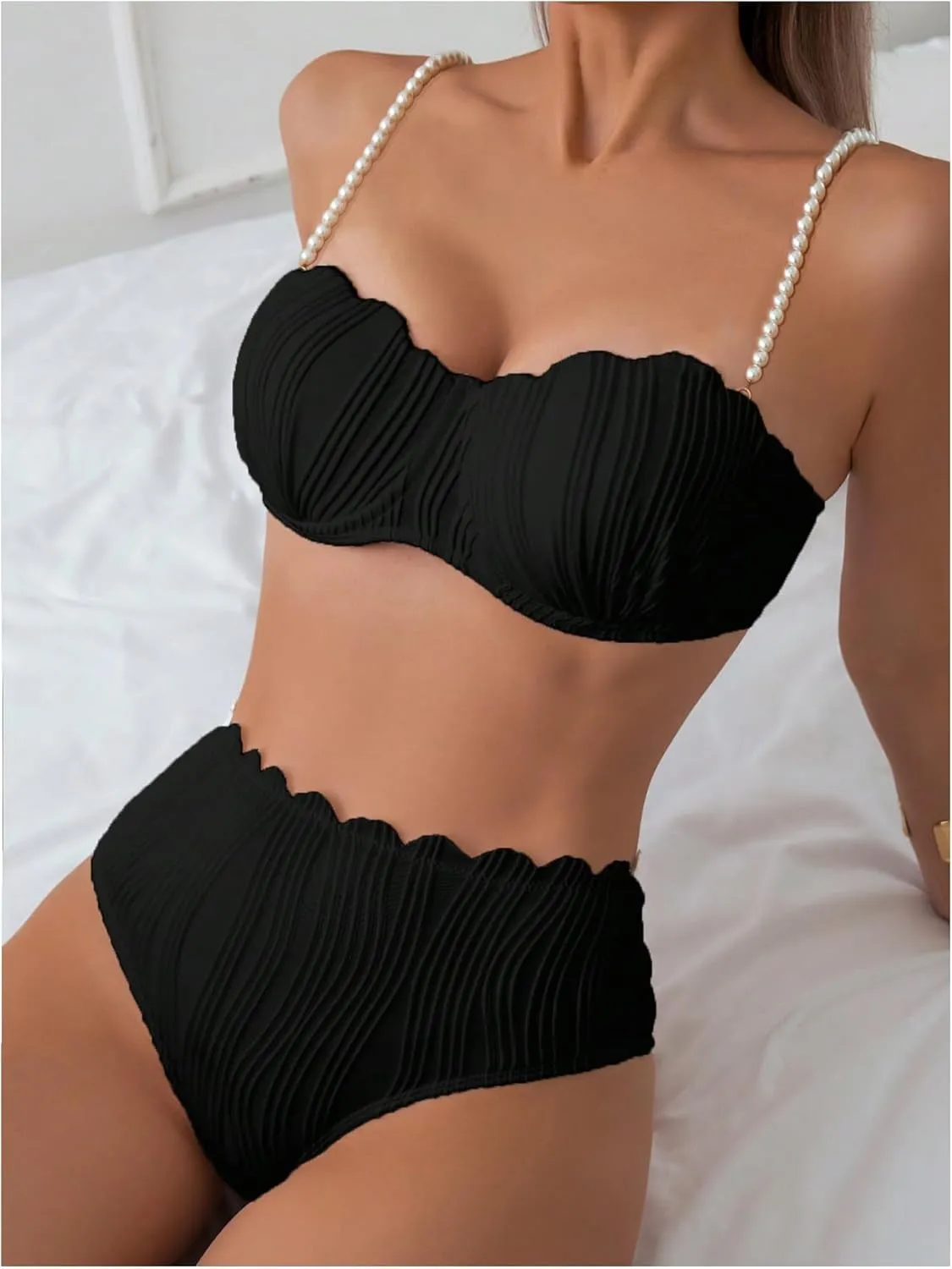 MakeMeChic Women's 2 Piece Bikini Set Textured Pearl Beaded Strap Scallop Trim High Waist Swimsuit