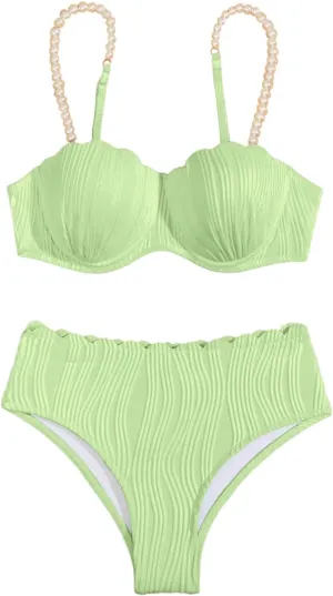 MakeMeChic Women's 2 Piece Bikini Set Textured Pearl Beaded Strap Scallop Trim High Waist Swimsuit
